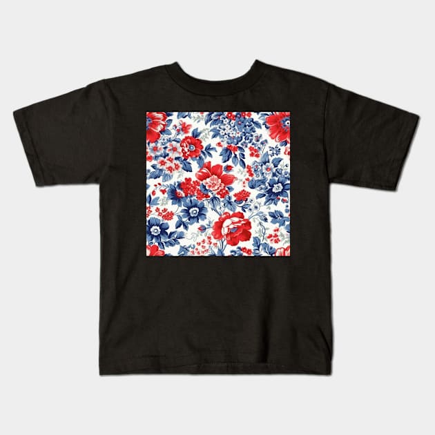 Red White and Blue Patriotic Shabby Floral Kids T-Shirt by VintageFlorals